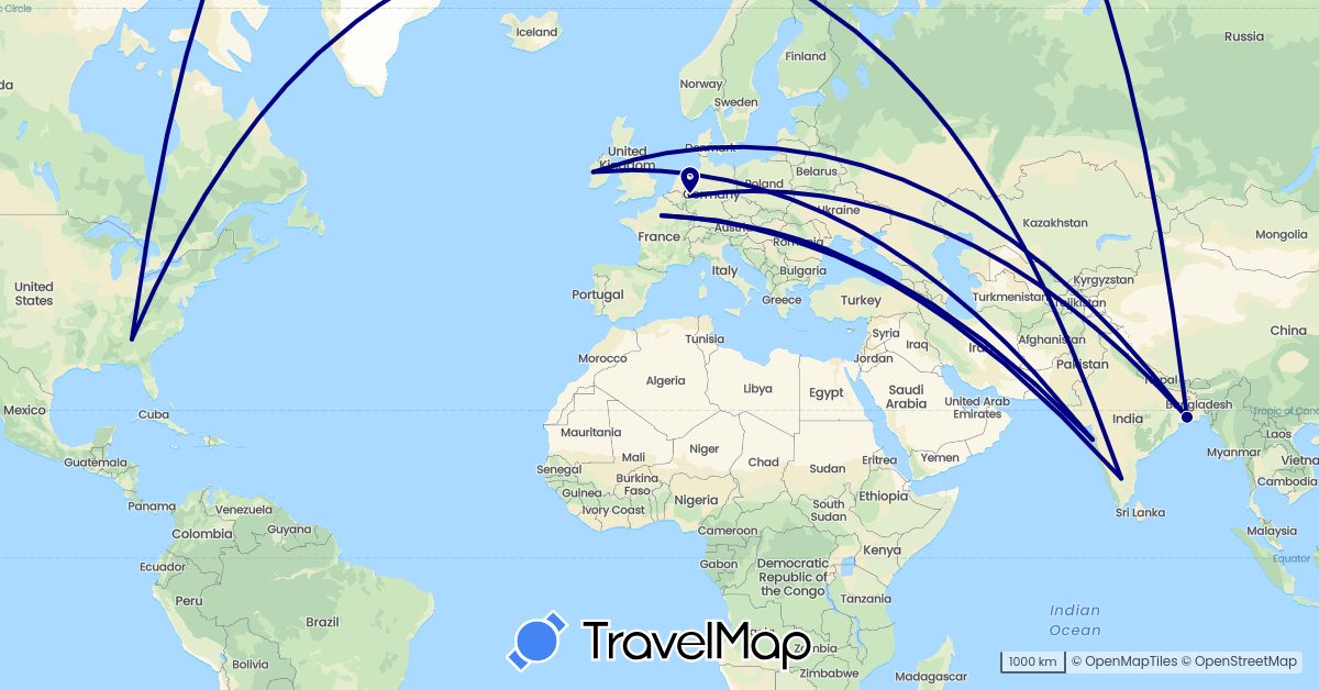 TravelMap itinerary: driving in Germany, France, Ireland, India, United States (Asia, Europe, North America)
